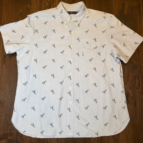 โญ Ralph Lauren XXL Button Down Shirt Blue Lobster Print Short Sleeve Cotton - Picture 9 of 16